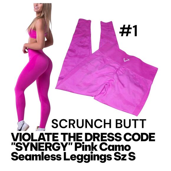VIOLATE THE DRESS CODE "SYNERGY" S Scrunch Butt Pink Camo Seamless Logo Leggings - Picture 1 of 7